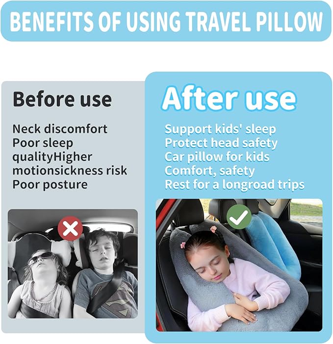 Travel Pillow, Car Pillow for Kids, Car Sleeping Pillow for Adults, Travel Pillow for Kids with Adjustable Strap, Support Head and Neck on Road Trips, Car Travel Essentials,Grey