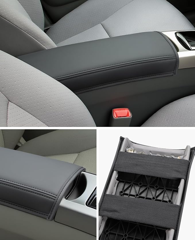 INTGET Center Console Cover for Toyota Prius Accessories 2004 2005 2006 2007 2008 2009 Leather with Thin Pad Middle Armrest Cover Car Interior Arm Rest Lid Protector (Black Stitches, with Thin Pad)