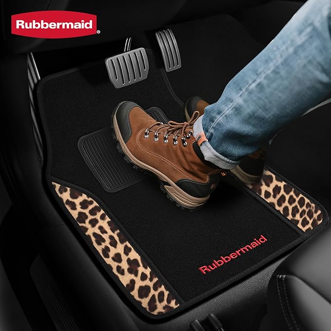 Rubbermaid Car Mats, Carpeted Floor Car Mat with Faux Leather & Built-in Heel Pad, Two-Tone Car Rug Floor Mats, Stylish Carpeted Floor Mats for Cars, Trucks & SUVs Leopard Patten Design