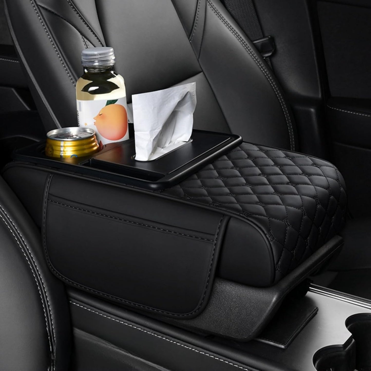 5-In-1 Center Console Cover Organizer with Cup Holder, Storage Pocket, Tissue Box, Armrest Cover Cushion Pad for Car, Grid, Black