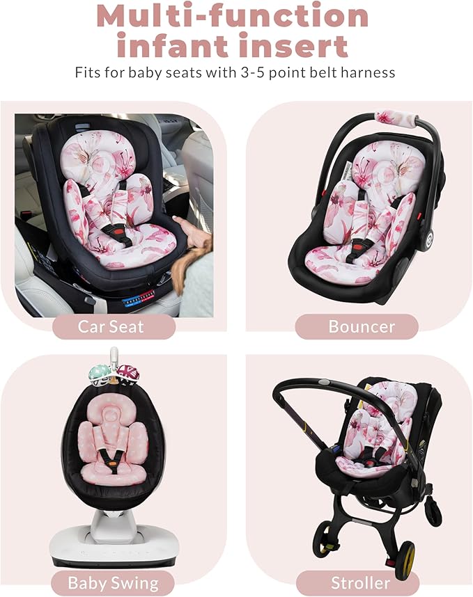 Newborn Car Seat Insert, Head and Body Support, Reversible Infant Insert Compatible with Baby Carseat, Stroller, Mamaroo Swing, Rocker, Bouncer. Baby Car Seat Cushion - Pink Floral
