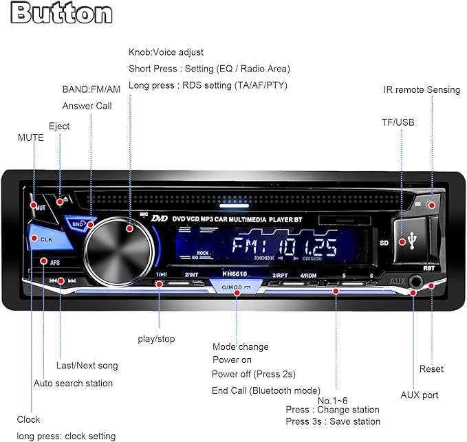 Single Din Car Stereo with CD/DVD Player | Bluetooth | FM/AM/RDS Radio | USB SD AUX Audio Receiver
