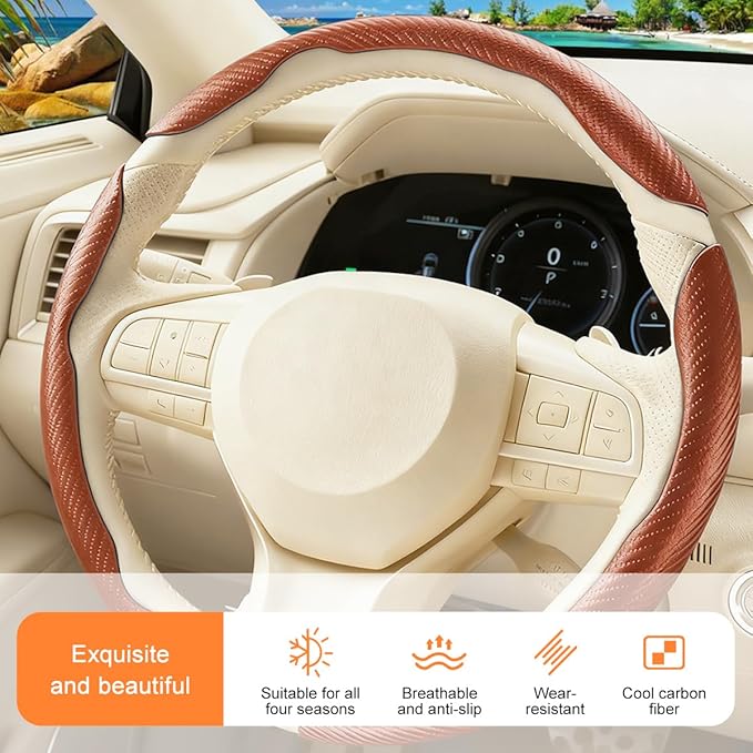 3PCS Carbon Fiber Car Steering Wheel Cover, Leather Segmented Anti-Skid Steering Wheel Protector, Snap on Automotive Interior Protection Accessories, Universal for Vehicles (Champagne)