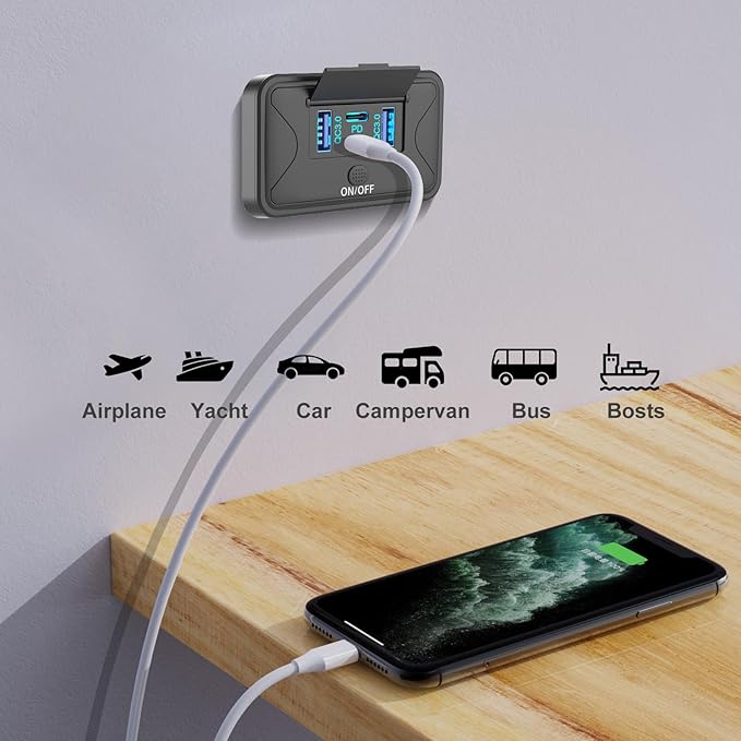 2 Pack 78W 4 Port 12V USB Outlet Wall Mount, Dual 36W PD & Dual 18W QC3.0 Lightweight Surface Mount Charger Socket Panel with Button Switch for Bus RV Truck Marine Golf Cart