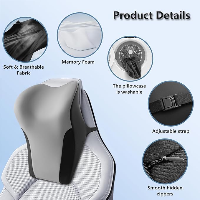 BABUR Car Headrest Pillow | Ergonomic Memory Foam Neck Shoulder Support Pillow with Adjustable Design & Enlarged Surface | Pain Relief for Driving Travel Sleeping | Gray1 Pack