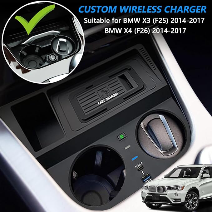 Wireless Car Charger for BMW X3/X4 2014 2015 2016 2017 Center Console Accessory, 15W Qi Fast Charging Phone Charger Pad for BMW X3 F25 2014-2017/X4 F26 2014-2017, Gift for BMW X3/X4 Owner
