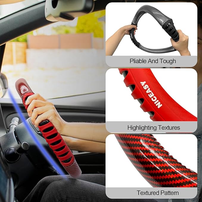 Sport Style Red PU Leather Steering Wheel Cover with Red Sport Grip Anti-Slip Breathable Steering Wheel Accessory Universal Fit 14.75-15 inch