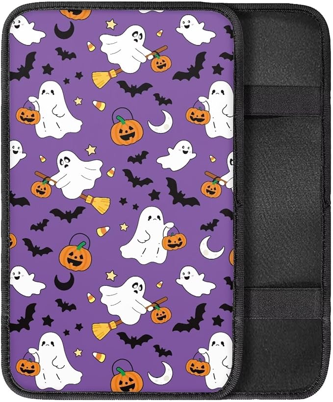 Ghost Bat Pumpkins Console Center Armrest Lid Cover Protector Car Armrest Storage Box Mat Interior Accessories for Most Vehicle, SUV