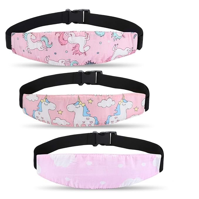 Baby Carseat Head Support,Car seat Straps Pillow Support Ban,Stroller Neck Relief Strap Headrest,Slumber Sling Sleep Positioner for Toddler Infants Child Children Kids(Pink Unicorn + Clouds)