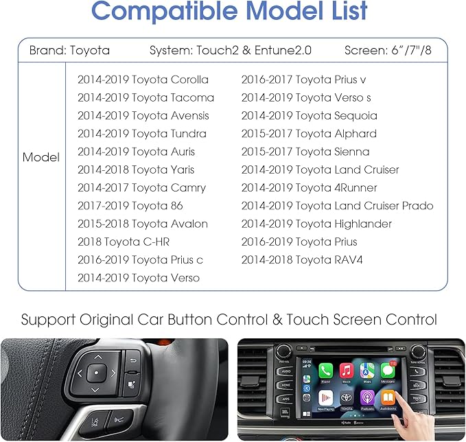 Wireless Carplay-Retrofit-Kit for Toyota 2014-2019 Tacoma/Highlander/RAV4/Corolla/Camry/Avalon/Prius/Sienna Land Cruiser Android Auto Decoder Upgrade Box EZoneTronics