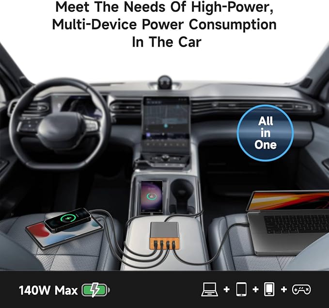 KFD 156W Car Charging Staition,140W USB C Laptop Car Charger,PD3.1&QC3.0 Fast Charging Cigarette Lighter Car USB Charger Multi Port 6.56FT Cable for MacBook/iPad/40W iPhone 17 15 Pro Max/Samsung S25