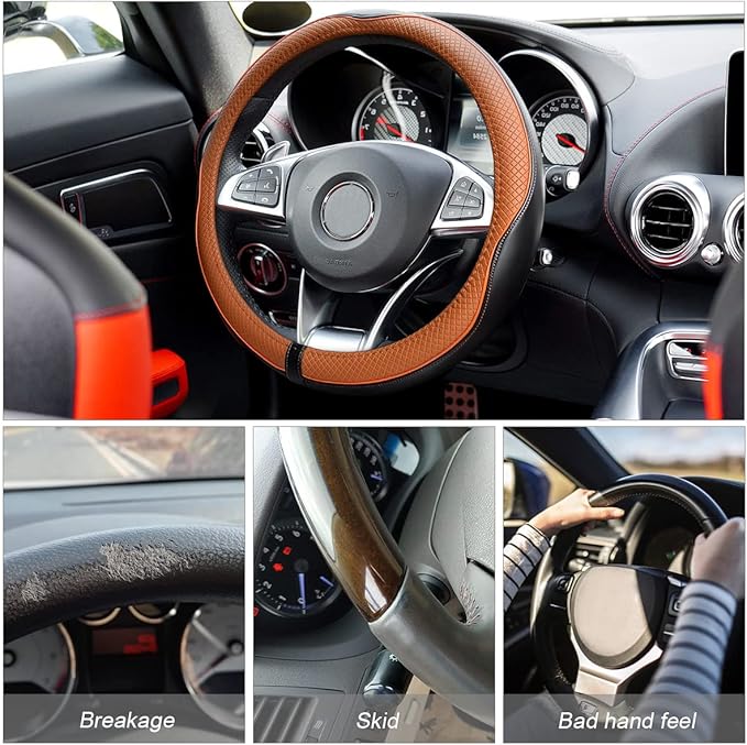 Leather Steering Wheel Cover, Soft Breathable Anti Slip, Universal Fit 15 Inch Car, Truck, SUV (Black/Orange)