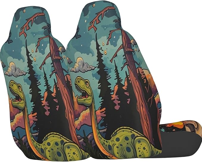 Delerain Car Seat Covers Set 2Pcs, Dinosaur Happy Camping Universal Front Car Seats Vehicle Enterior Protector Suitable Fits Most Car Auto SUV Sedan Truck