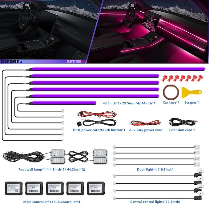 Acrylic Interior Car LED Strip Light with Wireless APP, RGB 18 in 1 with 175 inches 600 LEDs Fiber Optic Strip Lights for Car, Dynamic Chasing Sound Active Neon Car Ambient Lighting Kits
