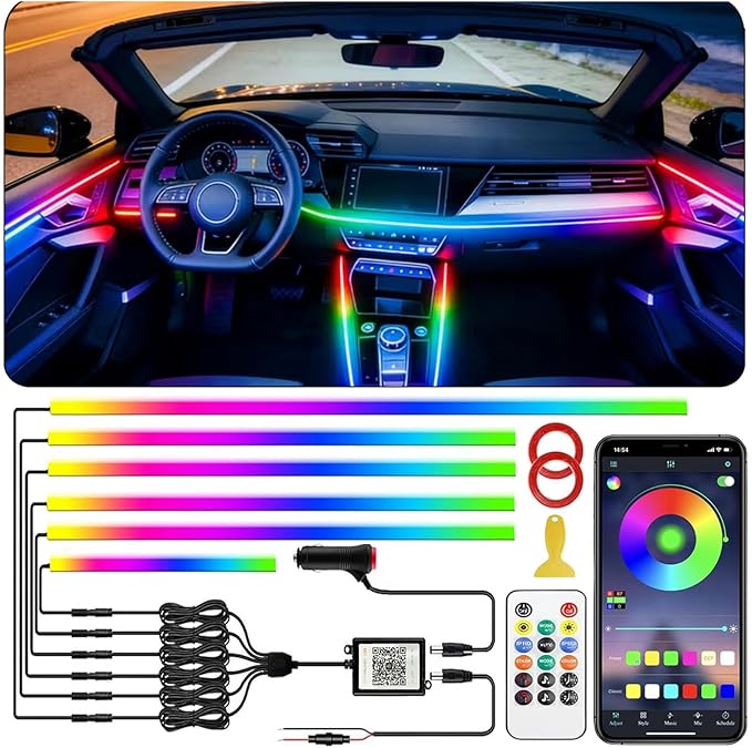 Dreamcolor Acrylic Interior Car LED Strip Light with APP Remote Control, RGB 6 in 1 with 175 inches 593 LEDs Fiber Optic Strip Lights for Car, Dynamic Chasing Music Sync Neon Car Ambient Lighting Kits