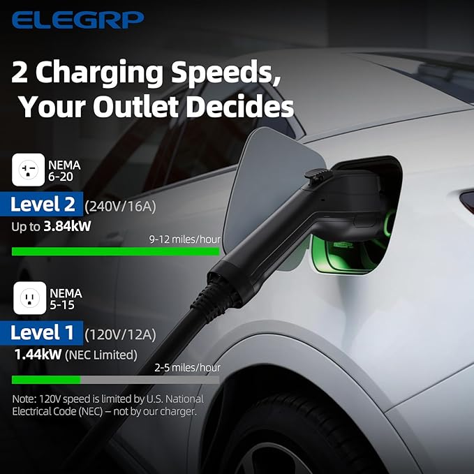 ELEGRP Level 1/2 EV Charger, 16 Amp, Portable J1772 Electric Car Charger, 21FT Cable, NEMA 6-20 & 5-15 Adapter, 110V-240V for BEVs/PHEVs, PBE & LRC Technology