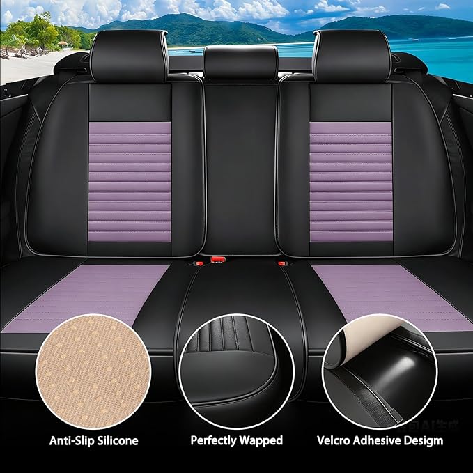 Car Seat Covers Full Set Fit for Toyota Yaris 2007-2020, Premium Faux Leather Car Seat Protector,Breathable Anti-Slip Full Wrapping Edge Seat Covers(Black&Purple,Full Set)