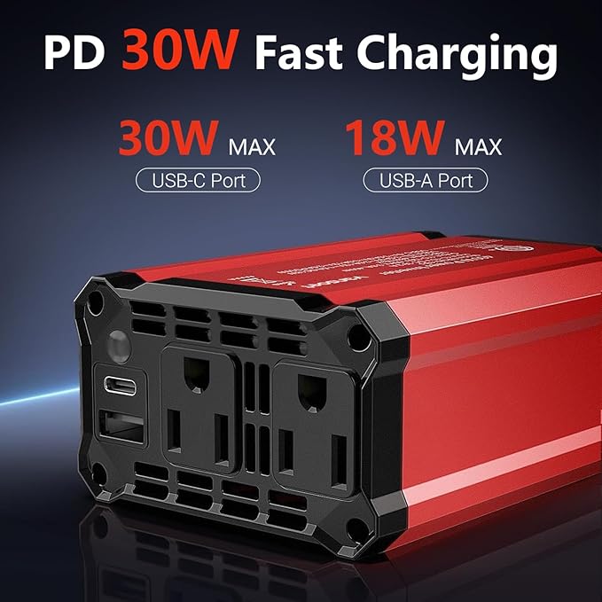 300w Power Inverter DC 12V to AC 110V - vansoet Car Plug Adapter Outlet with 3.4A Dual USB Fast Charging Port - Car Charger Cigarette Lighter Adapter for Phone, Laptop on Road Trip (Red-30)