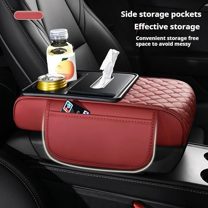 Center Console Cover Organizer, 5-In-1 Arm Rest Cover for Car with Cup Holder & Storage Pocket & Tissue Holder, Armrest Cover Cushion Pad, Grid, Brown