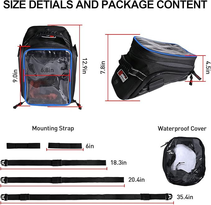 Motorcycle Tank Bag w/Strap Storage Bag Compatible with Honda Yamaha Suzuki Kawasaki Harley Water Resistant (Blue Piping)