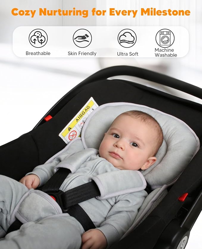 Infant Car Seat Insert for Newborn Girls Boys, 3 in 1 Reversible Cushion for Carseat with Strap Pads Buckle Cover Extra Soft Carseat Support Pad for All Season, Grey