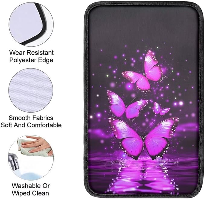 Purple Butterfly Universal Center Console Armrest Soft Pad Protector Cover Armrest Box Protector Non Slip for Pet Dogs Car Interior Decor
