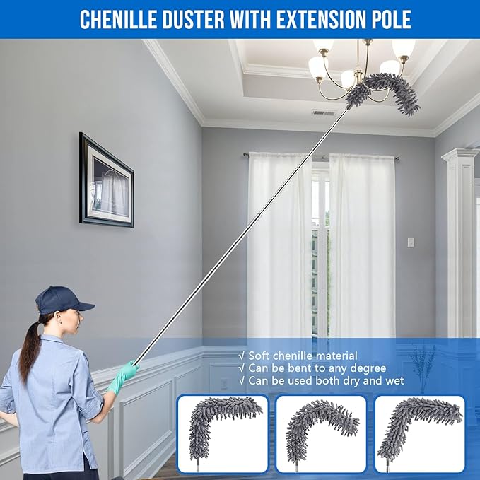 UIMO Microfiber Feather Duster 5-in-1 Kit for Dusting and Cleaning – 30–100" Extension Pole, Anti-Slip Grip, Bendable Washable Heads for Ceiling Fan, Furniture, Car (Blue)