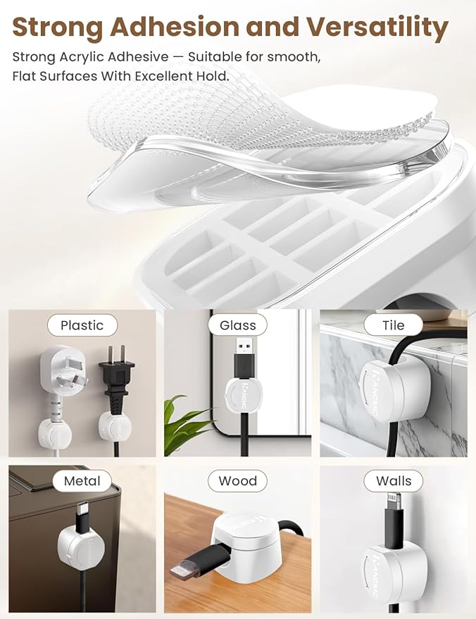Kanemc Cable Clips Cord Holder for Desk, 360° Spin Magnetic Wire Organizer Self Adhesive Cord Management for Office Desks Cars Home Kitchen Electronic Accessory (White, 6 PCS)