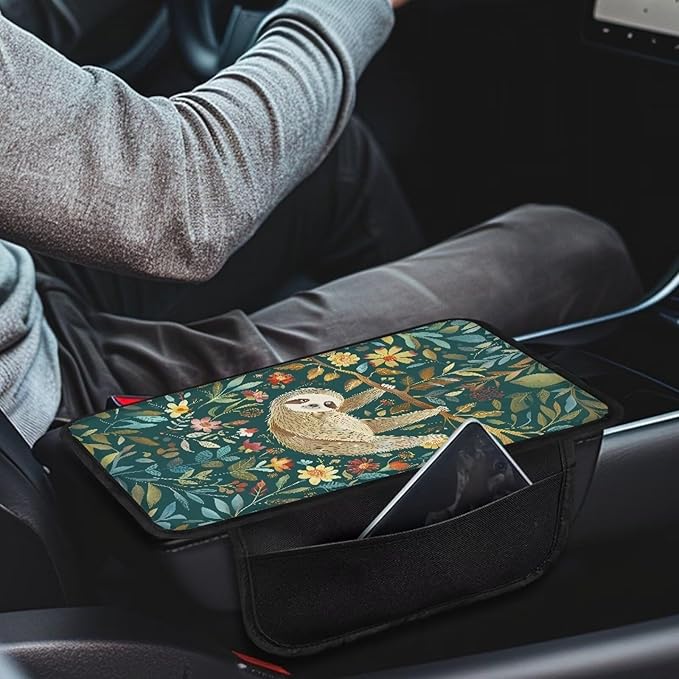Sloth Floral Tree Print Center Console Covers for Cars Washable Auto Armrest Storage Box Mat Waterproof Car Armrest Seat Box Cover Cushion Car Accessories Interior Protection