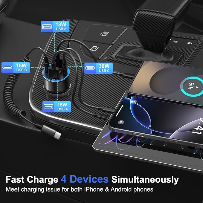 Car Charger USB C, 65W 4-Port Super Fast Type C Car Charger for Samsung S26/S25/S24/S23 Ultra, 2 Pack QC&PD 3.0 Fast Charging Cigarette Lighter Adapter Android Car Phone Charger+6FT USB-C Cable