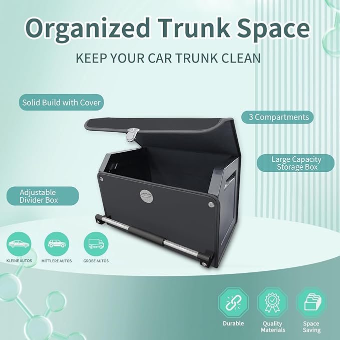 XCF Car Trunk Organizer, Leather Trunk Organizer with Lid and Push-pull Handle Car Storage Box for SUV, Minivan, Sedan (Black, 16.9 x 11.4 x 12.2in)