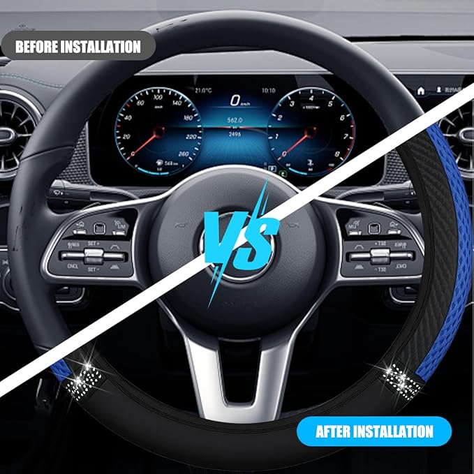 Bling Car Steering Wheel Cover, 15 Inch Elastic Stretch Crystal Rhinestone Vehicle Steering Wheel Protector, Anti-Slip Auto Interior Protective Cover, Universal for SUV RV Truck (Blue)