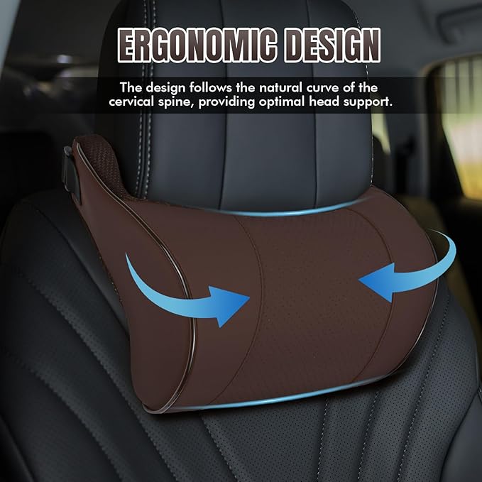Car Neck Pillow with Memory Foam, Soft Comfortable Headrest Pillow for Driving, Ergonomic Design, Auto Seat Neck Support Pillows Head Rest Cushion with Breathable Leather Cover (Coffee)
