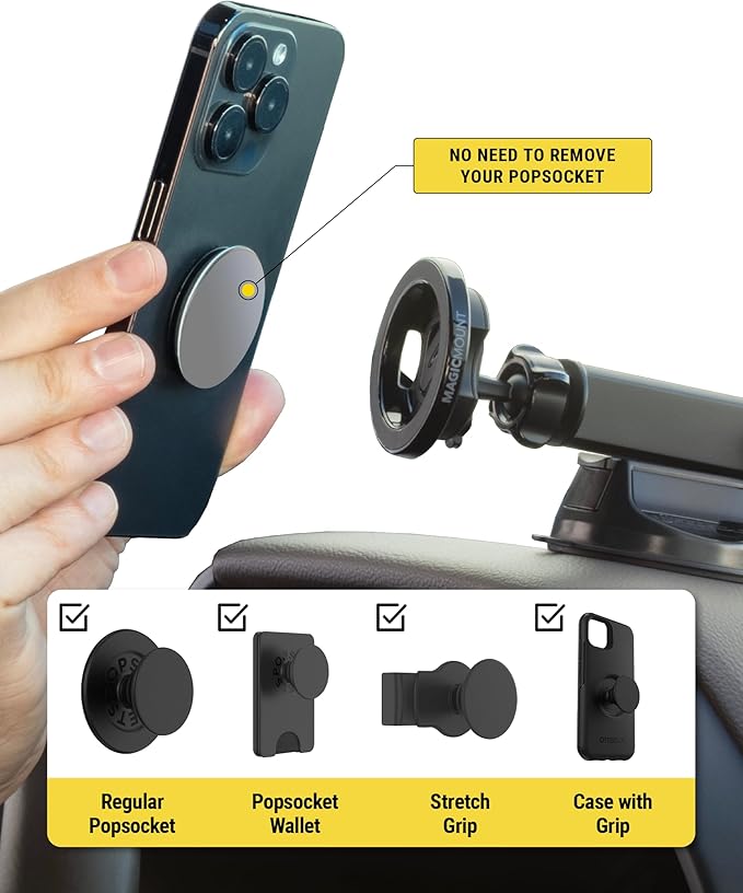 Scosche MagSafe Car Mount, Suction Cup Magnetic Windshield/Dashboard Cell Phone Holder with Vent Clip & Adjustable Flip Arm Compatible with PopSockets Grips, iPhone 16/15/14/13/12, Samsung Galaxy