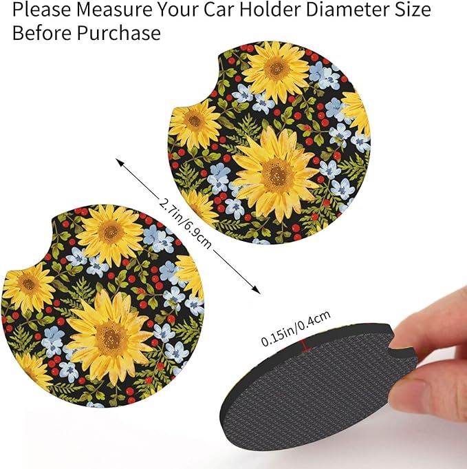 Yellow Sunflower Steering Wheel Cover - Sunflower Steering Wheel Cover Anti-Slip Car with 2 Pieces Car Coasters Suitable for Men Women