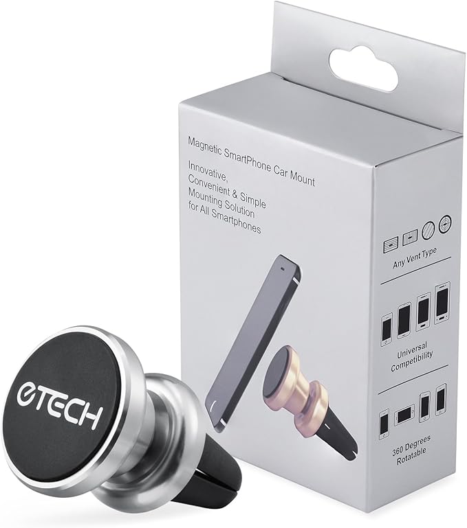 eTECH Magnetic Phone Car Mount Holder, Magnetic Mount Universal Air Vent for iPhone X / 8 Plus / 7 / 6S / 5S, Galaxy S5 / S6 / S7 / S8 / S9, Google Pixel, LG, & Other Smartphones (2Pack Silver)