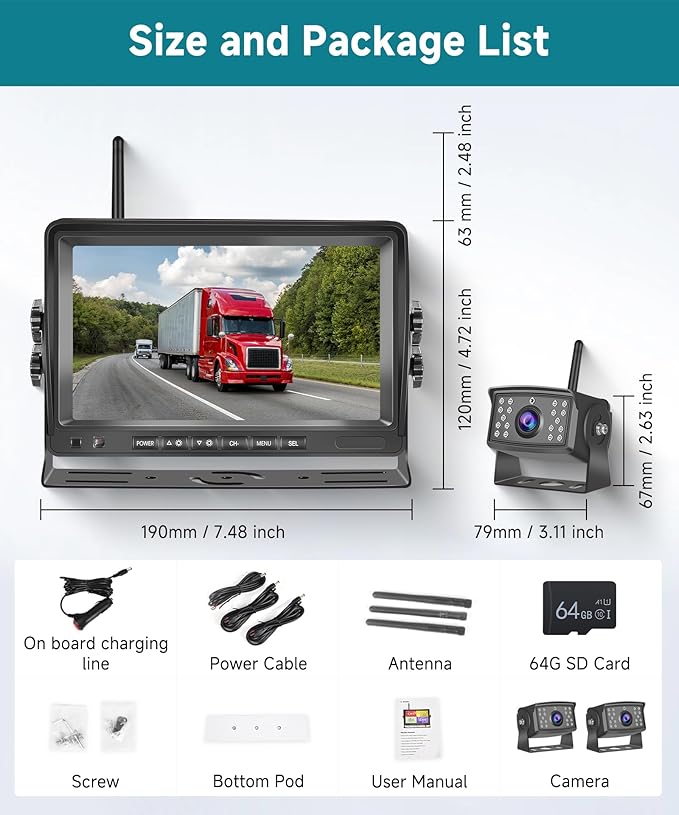 Wireless Backup Camera for RV, 7" IPS Monitor Kit+ 2 AHD Rear View Camera Waterproof Night Vision DVR Recording, Wireless Reverse Camera 12V-36V for Truck/Trailer/RV/Camper/Excavator/Caravan