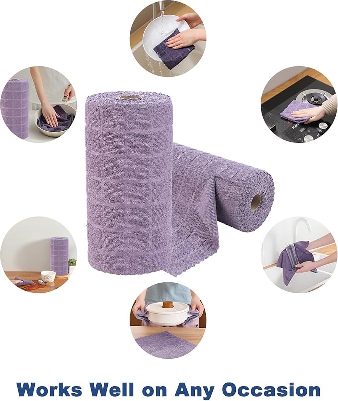 Ferdilan 80 Pack Microfiber Cleaning Cloth Roll,Lint Free Rags Paper Towels & Tear Away Reusable Towels,Washable Shop Rags,Wash Cloths Dish Rags(12" x 12") for Car Kitchen Window Garage-Dark Purple
