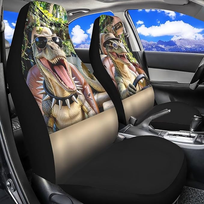 Dinosaur Car Seat Covers Front Seats Nonslip Auto Interior Accessories 2 Pcs Set Cool Stretch Polyester Fabric Cover Automobile Front Seat Covers for Cars SUV Sedans