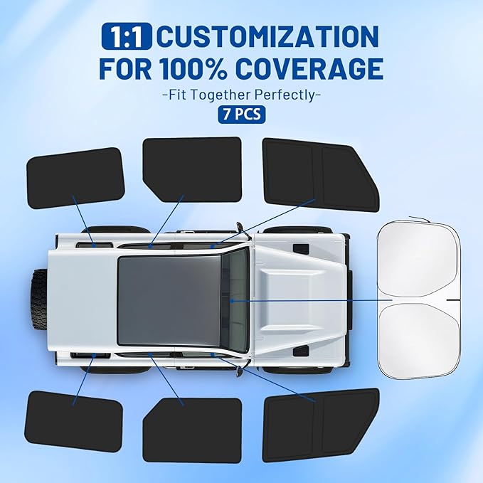 Car Window Shades Intended for Ford Bronco (4-Door) 2021-2025, Privacy Window Covers 7PCS for Side, Windshield, Car Shield Sunshade for Privacy Protection, Heat Blocking, Camping and Parking