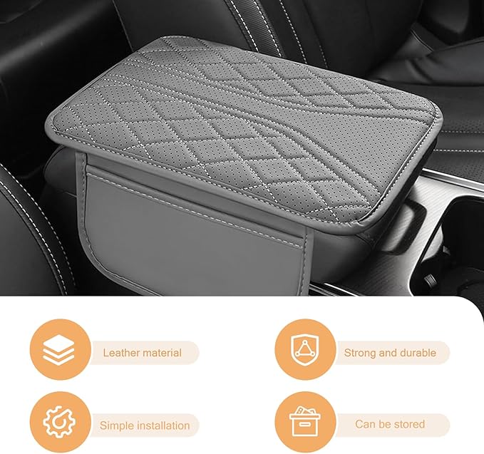 Car Center Console Pad, Leather Car Armrest Box Pad Cover, Vehicle Armrest Protector Cushion with 2 Storage Bags, Universal Arm Rest Pad for Car Interior Accessories Protect (Gray)