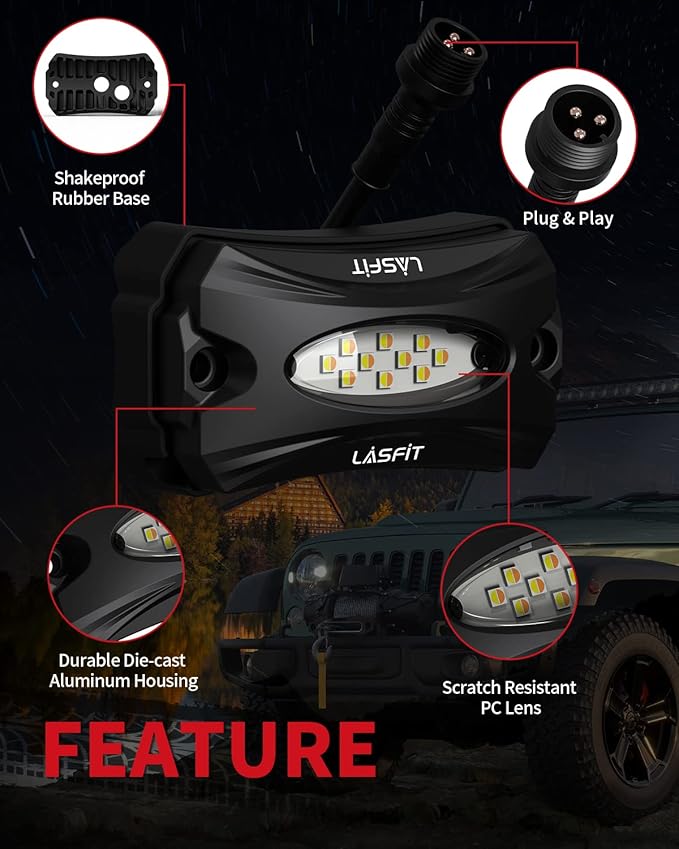 LASFIT Switchback Rock Lights Amber/White 1 Pod Extension Wheel Well Lights Underglow LED Lighting LED Rock Light, fit for LASFIT Only