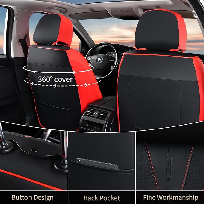 FLORICH Car Seat Covers Front Seats and Back Faux Leather Seat Cover Waterproof Seat Covers Car Seat Cushion 5 Seats Car Seat Protector Universal Fit for Most Cars SUV Trucks, Black&Red