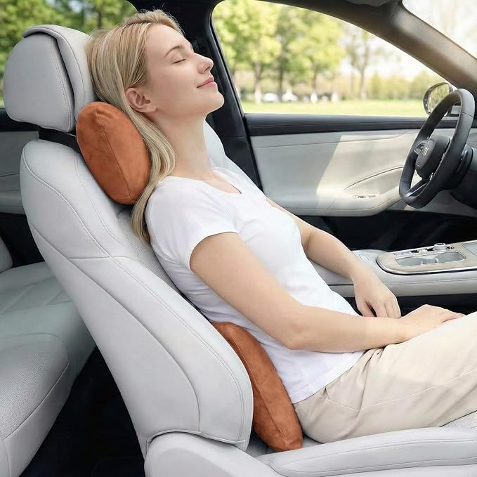 2PCS Car Pillow for Car Neck Pillow for Driving Seat Neck Support Soft Cushion Back Support Head-Rests for Vehicle Sleeping with Elastic Adjustment Strap (Brown, Head and Lumbar)