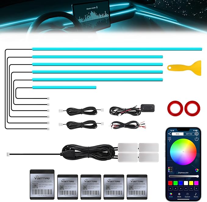RGB Acrylic Interior Car LED Strip Light with Wireless APP, 10 in 1 with 175 inches 593 LEDs Neon LED Strip Light, 16 Million Colors Dynamic Music Sync Car Ambient Lighting Kits