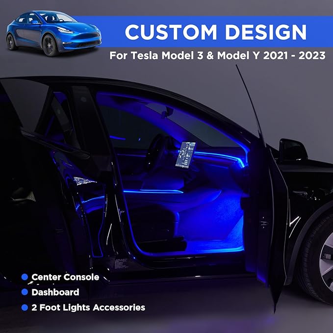 Nestour Interior Car Neon Lights Fit for Tesla Model 3 Y 2021 2022 2023 (Center Console+Dashboard+2 Foot Lights) with Armrest Organizer, Tesla Ambient Lighting, APP-Controlled RGB LED Strip Lights
