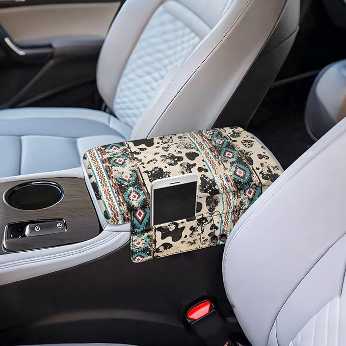 Wanyint Aztec Cow Print Retro Car Center Console Armrest Cover Comfortable Armrest Seat Box Pad with Organizer Pockets Console Lid Protector Cushion Universal Fit for Most Vehicles SUVs
