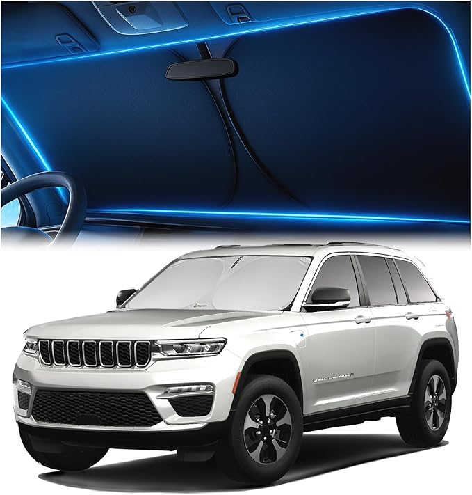 Windshield Sunshade for Jeep Grand Cherokee 2011-2026 - Innovative No-Light-Pass Technology, Mirror Cut-Out, Blocks 99% UV Rays, Fade-Resistant, Easy-Fold Grand Cherokee Windshield Sun Shade