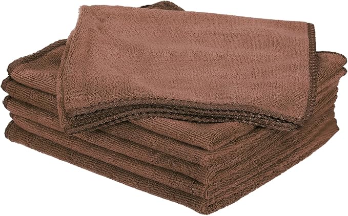 HARFINGTON 6 Pack Microfiber Cleaning Cloth, 16" x 16" Multi-Functional Cleaning Towels Reusable Absorbent Rags for Car Wash Kitchen Household Window Clean, Brown