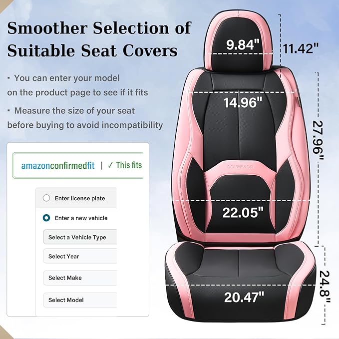 Coverado Seat Covers, Car Seat Covers Front Seats, Nappa Leather Seat Covers for Cars, Waterproof Car Seat Protector with Lumbar Support, Front Seat Covers Universal Fit for Most Cars (Black&Pink)